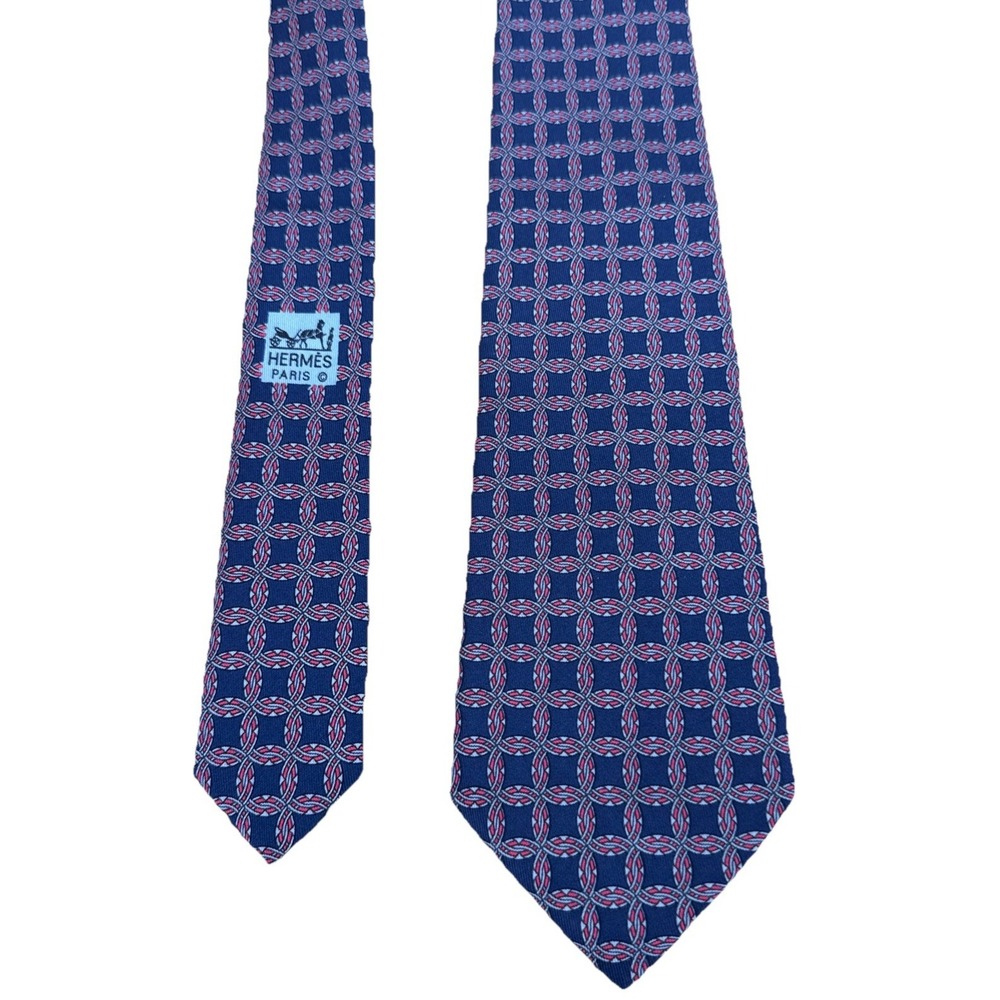 Hermès France 100% Silk Tie Navy Blue Red Geometric Squares Luxury AOP 7092 UA - Picture 2 of 4